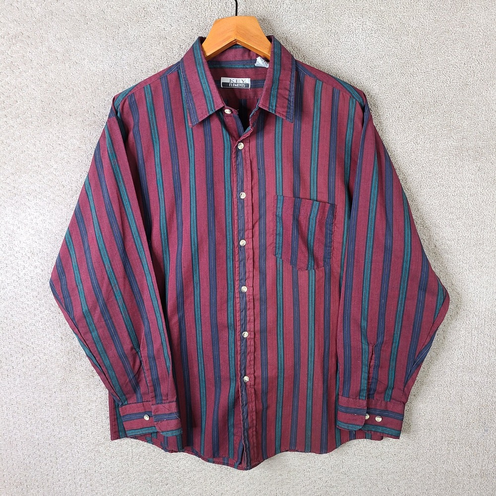 Vintage Key Elements Shirt Men Large Maroon Blue Striped Button Down Long Sleeve